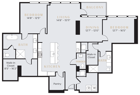 Floor plan for 2 beds, 2.5 baths, 2089 sqft